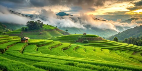Fototapeta premium Rolling hills of emerald green rice fields with a few misty clouds floating above, Countryside