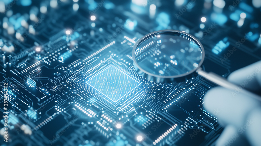 Poster inspecting the microchip: a close-up shot reveals a hand using a magnifying glass to meticulously ex