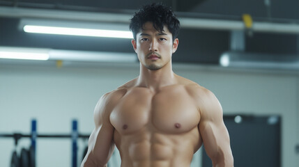 Strength and Determination: A portrait of a determined, muscular man in a gym setting, exuding raw strength and focus, perfect for fitness, bodybuilding, and healthy lifestyle themes.  