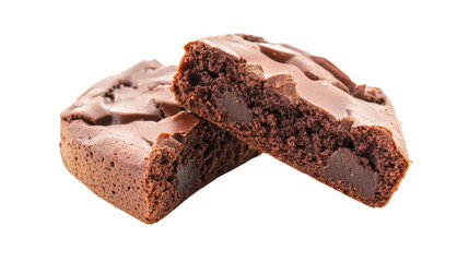 Two halves of chocolate chip cookie showing filling on transparent background