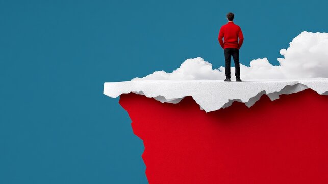 A Leap of Faith: A lone figure, stands on the edge of a metaphorical cliff, contemplating a daring leap of faith towards the vast unknown, embodying courage.