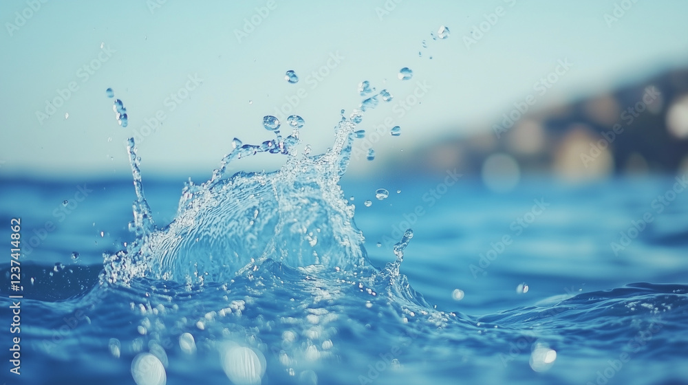 Poster water splash: crystal clear water droplets explode from the surface of a calm blue sea, creating a m