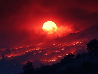Fiery sunset over silhouetted hills with smoky sky