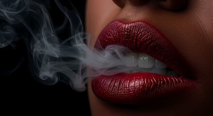 Red Lips Exhaling Smoke Dark Background Photography