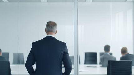 Fototapeta premium Strategic Vision: A contemplative businessman stands before a glass-walled conference room, his back to the camera, suggesting thoughtful leadership and strategic planning.