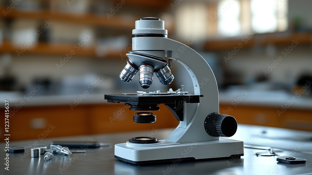 Poster modern compound microscope in a laboratory setting