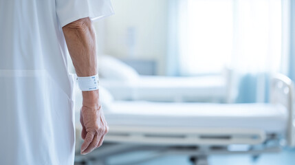 Fototapeta premium Patient's Perspective: A solitary hand adorned with a hospital wristband, captured in a closeup. The empty hospital bed in the background creates a poignant image of illness, recovery.