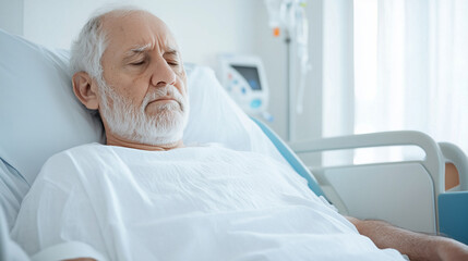 Obraz premium Elderly Man Resting in Hospital Bed: A senior man with a white beard lies resting in a hospital bed, his eyes closed, conveying a sense of peace or weariness.