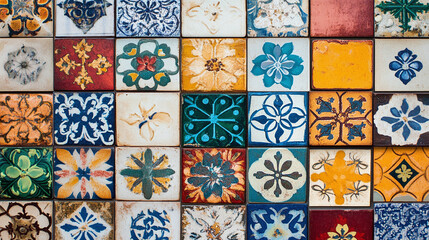 A seamless pattern of colorful tiles in a vintage style, playful and artistic