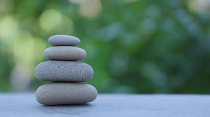 Zen Stone Stack: A perfectly balanced stack of five smooth gray stones against a tranquil green bokeh background invites mindfulness and meditation.  