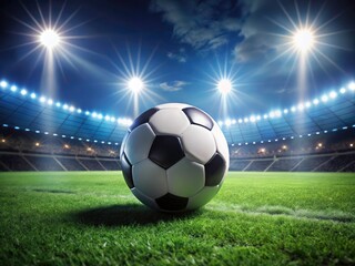 Fototapeta premium Under dramatic stadium lights, a close-up soccer ball awaits the kickoff; tense anticipation before the night game begins.