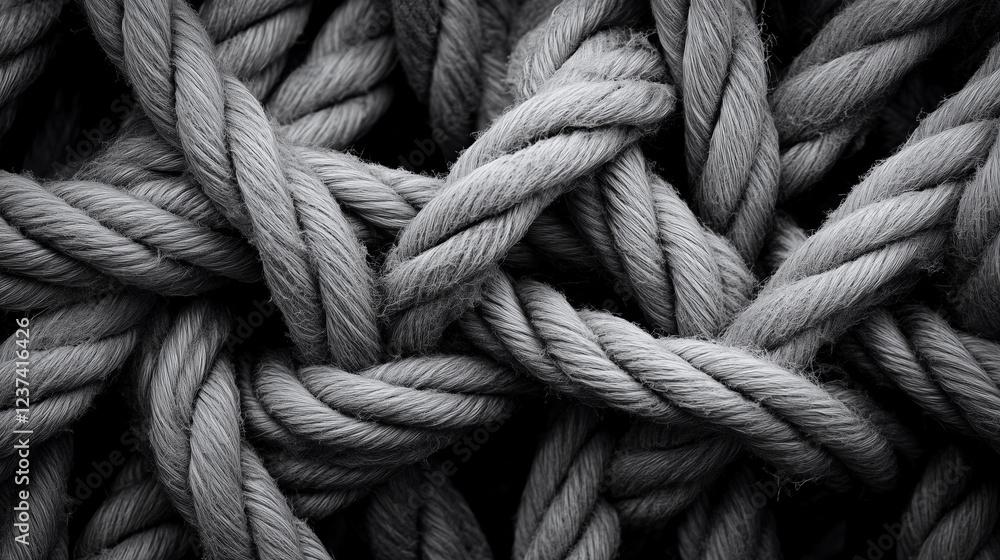 Poster intricate rope texture: a dramatic black and white close-up shot reveals the complex interwoven text