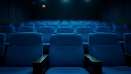 Fototapeta premium Empty blue auditorium seats awaiting an audience, symbolizing anticipation and quiet focus, perfect for theatre or cinematic related promotions