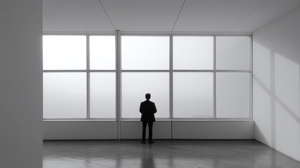 Fototapeta premium A solitary figure looking out of a large window in a monochromatic office