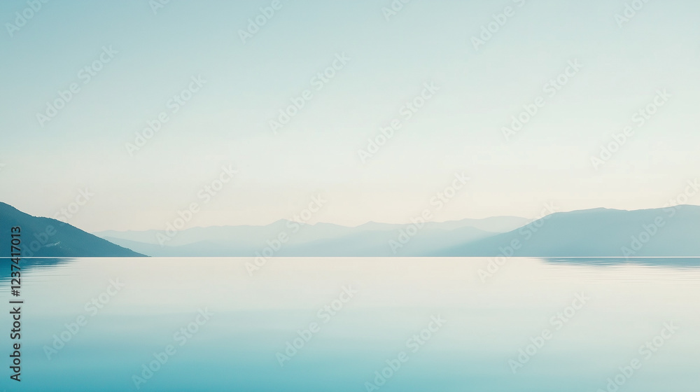 Poster serene mountain lake reflection: a tranquil scene of a calm lake reflecting a hazy mountain range un