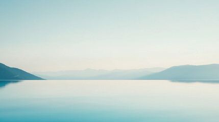 Serene Mountain Lake Reflection: A tranquil scene of a calm lake reflecting a hazy mountain range under a soft, pale sky. The image evokes a sense of peace and serenity. 