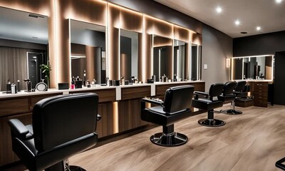 Modern barbershop interior with sleek design, stylish chairs, and illuminated mirrors.