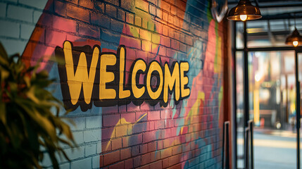 Naklejka premium A colorful 'Welcome' sign painted on a mural wall in a creative workspace, featuring abstract shapes and warm colors, creating an inspiring and artistic atmosphere, bold and creative