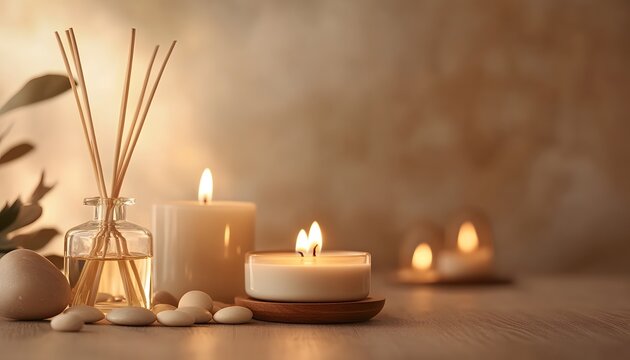 Serene Spa Setting with Candles and Reed Diffuser