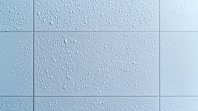 Water droplets on light blue tiles, bathroom wall background