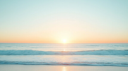 Fototapeta premium Golden Hour at the Seashore: A serene and captivating image captures the gentle waves rolling towards the shore as the sun dips below the horizon, painting the sky with vibrant hues of orange, pink.