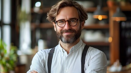 Obraz premium Smiling man, cafe owner, arms crossed, blurred background, business portrait.