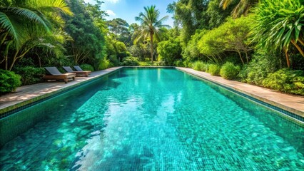 Fototapeta premium turquoise water with pool surroundings and lush greenery,outdoor pool