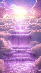 Naklejka premium Celestial Waterfall ethereal cascade descends through clouds at sunrise, spiritual serenity