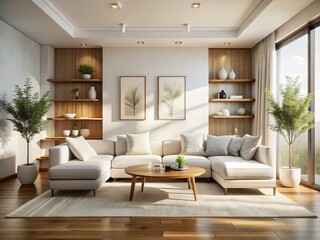Fototapeta premium Long exposure photography reveals a tranquil minimalist living room: white sofa, subtle wood tones.