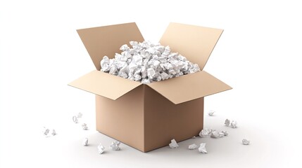 Cardboard box filled with packing paper, isolated on white background, suitable for shipping or moving concepts