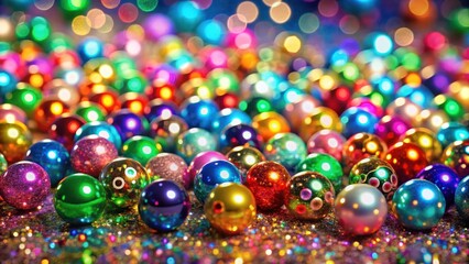 Glittering background with shining lottery balls scattered randomly, showcasing vibrant colors and shiny surfaces, gaming