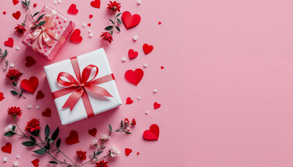 Romantic Valentine's Day gifts on a pastel pink background