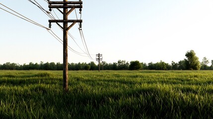 Tall Wooden Electric Transmission Towers in a Lush Green Field