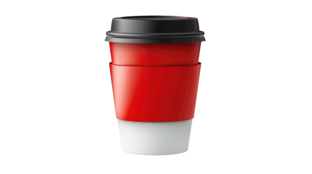 Red and white disposable coffee cup with black lid and protective sleeve on transparent background - Powered by Adobe