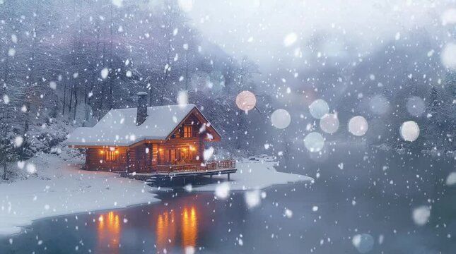 A cozy cabin by a snowy lake, illuminated warmly amidst falling snowflakes. Seamless looping 4k video background 