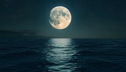 Full Moon Over Dark Ocean Night Sky Stars