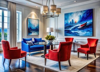 Luxury modern design:  vibrant red chairs accentuate a sophisticated space featuring striking blue and white abstract art.