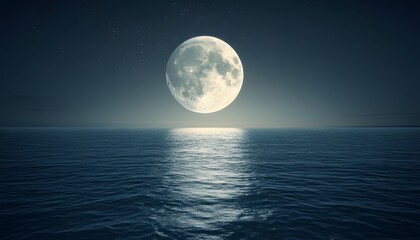 Full Moon Rising Over Calm Ocean Waters At Night