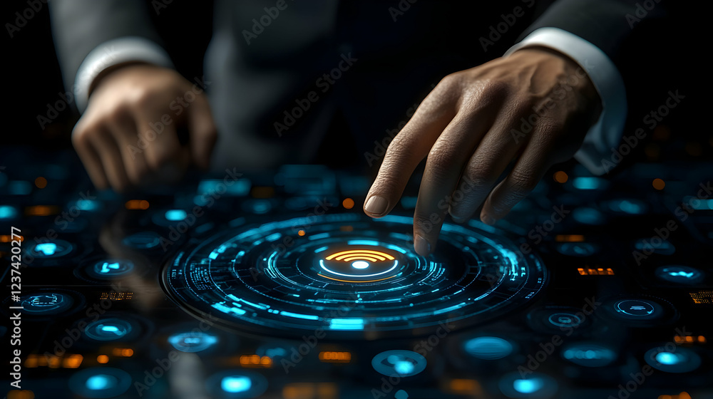 Poster man interacts with futuristic interface