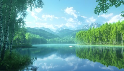 Fototapeta premium Serene Lake View with Mountain and Birch Trees