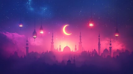 Night cityscape, crescent moon, lanterns, Ramadan celebration, greeting card