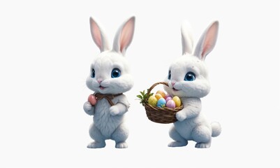 Fototapeta premium Bunny carrying a basket easter eggs on white background