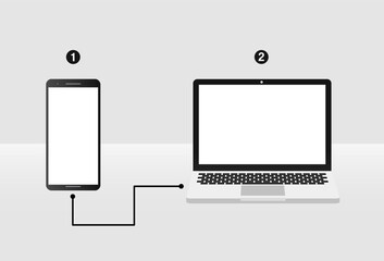 Vector illustration design of a cell phone connected to a computer