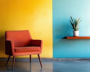Fototapeta premium Modern Interior Design Photograph with Orange Armchair and Potted Plant Against Vibrant Yellow and Blue Walls