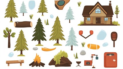 Fototapeta premium Cozy Cabin, Forest, Camping Gear, Winter Wonderland