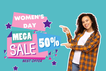 8 March, international women's day, happy woman in a plaid shirt on a turquoise background, with text