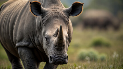 Obraz premium Close-up of a majestic black rhinoceros with a prominent horn, detailed skin texture, and its native habitat in the background. Wildlife. Endangered species, African savanna, conservation, nature.