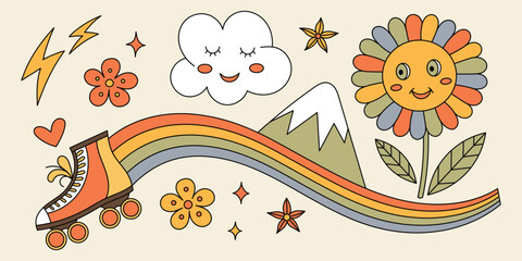 Vector drawing of spring landscape, flowering meadow, multicolor cartoon, children's drawing