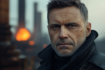 Serious man wearing black jacket standing in front of industrial area