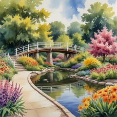 Fototapeta premium watercolor illustration the Rotary Botanical Gardens in Janesville, filled with vibrant seasonal flowers,